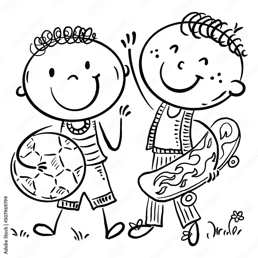 Black and white cartoon cute kids boys with skateboard and soccer ball Black and white cartoon cute kids boys with skateboard and soccer ball