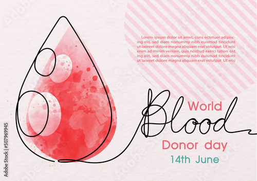 Giant blood droplet with Blood letters in one line style and the day and name of event, example texts on pink background. Poster campaign of world blood donor day in line art and watercolor style.