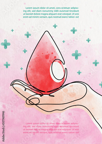 Human hand with giant blood droplet in one line and water colors style and example texts on pink paper pattern background. Poster campaign of world blood donor day in vector design