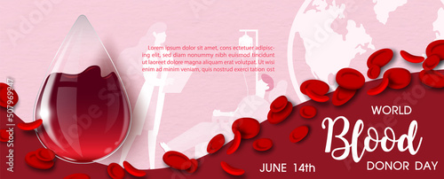 Giant blood droplet in glass style with red blood cells and wording of world blood donor day, example texts on people in cartoon character donating blood and pink background.