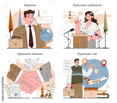 Diplomat profession set. Idea of international relations and government.