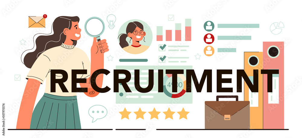 Recruitment typographic header. HR manager interviewing a job