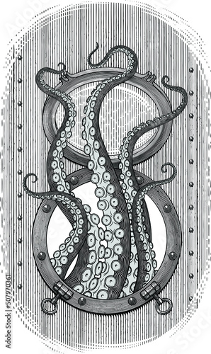 Black and white vector drawing of tentacles moving from the window