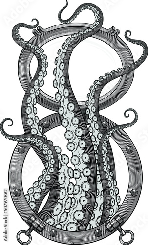 Black and white vector drawing of tentacles moving from the window