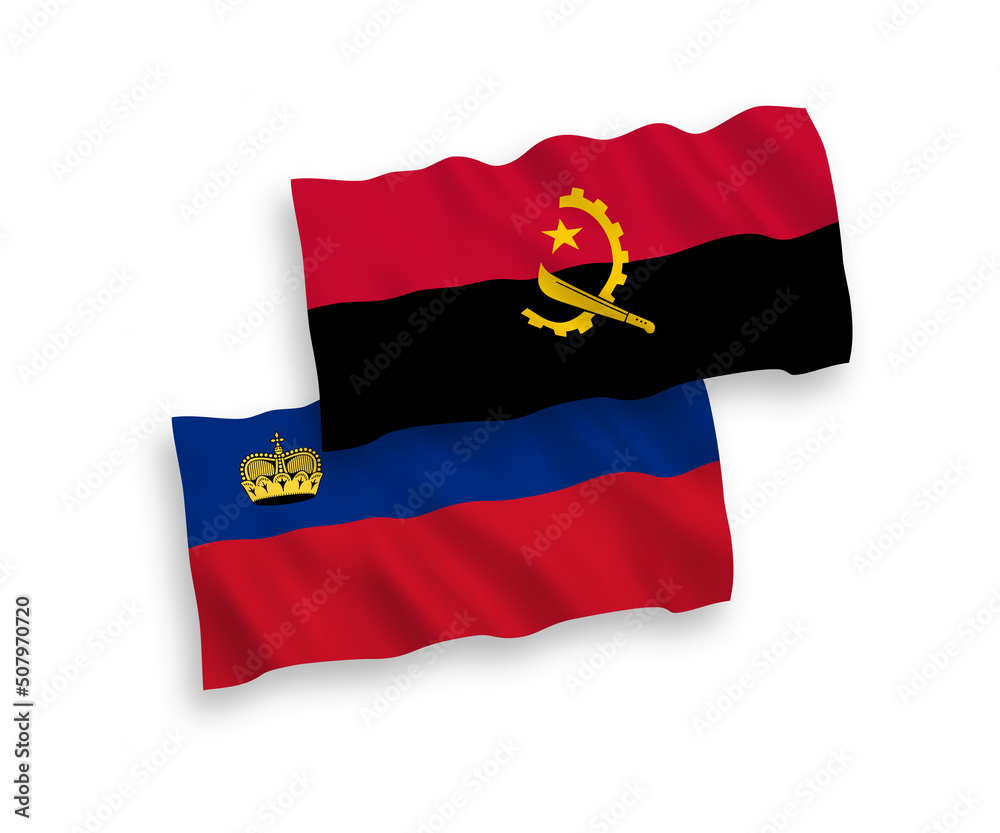 National vector fabric wave flags of Liechtenstein and Angola isolated on white background. 1 to 2 proportion.