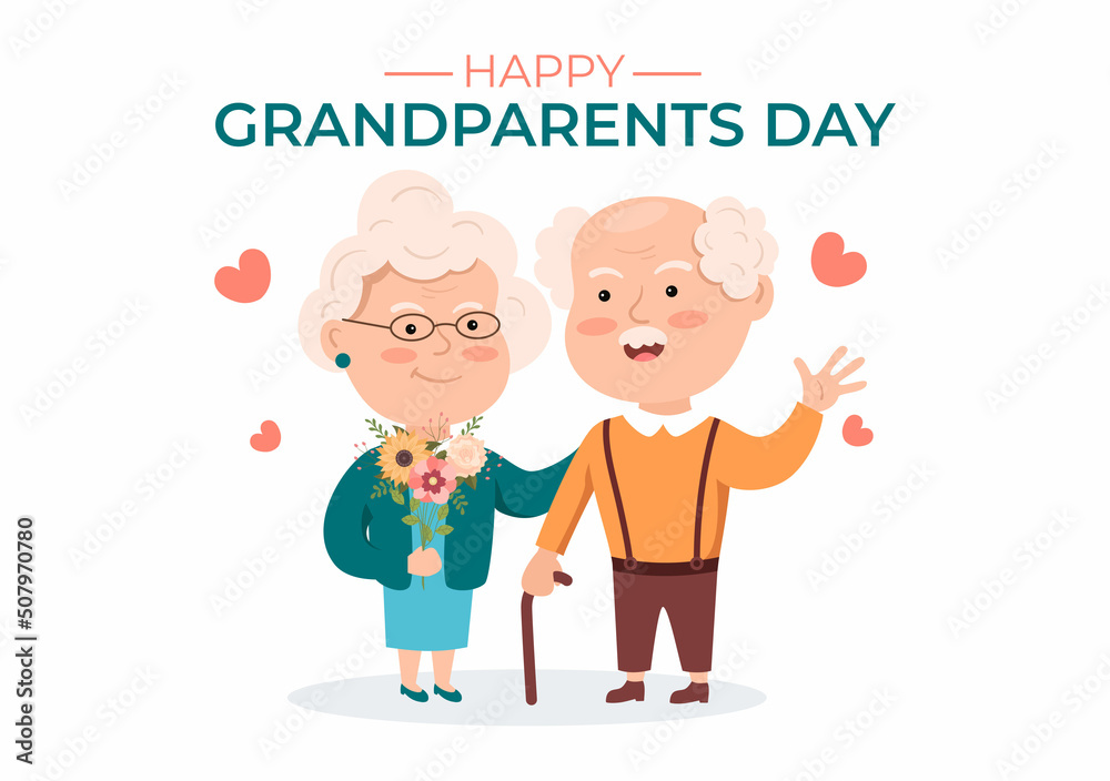 Happy Grandparents Day Cute Cartoon Illustration with Older Couple, Flower Decoration, Grandpa and Grandma in Flat Style for Poster or Greeting Card Happy Grandparents Day Cute Cartoon Illustration with Older Couple, Flower Decoration, Grandpa and Grandma in Flat Style for Poster or Greeting Card