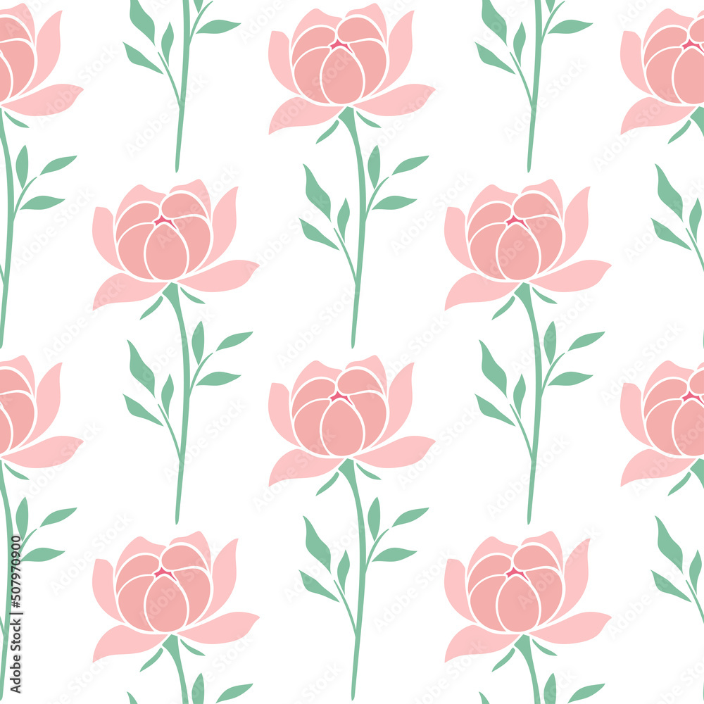 Delicate pink peonies seamless summer pattern. Background blossomed petals lush garden flower. Print natural botanical bloom decoration. Template for wallpaper, fabric and design vector