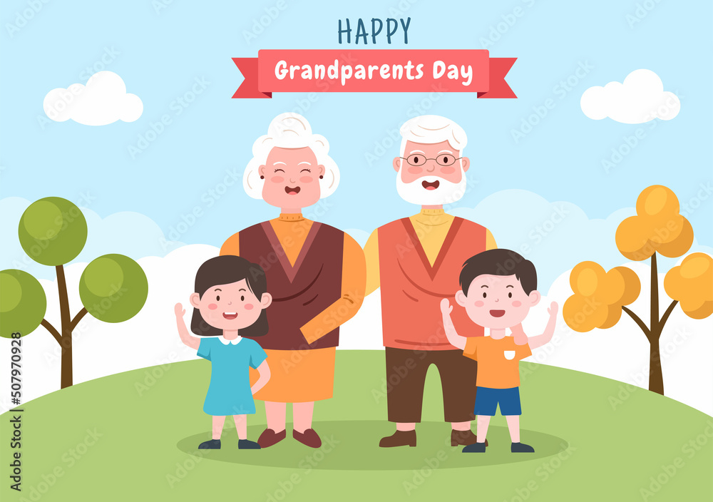 Happy Grandparents Day Cute Cartoon Illustration with Grandchild, Older Couple, Flower Decoration, Grandpa and Grandma in Flat Style for Poster
