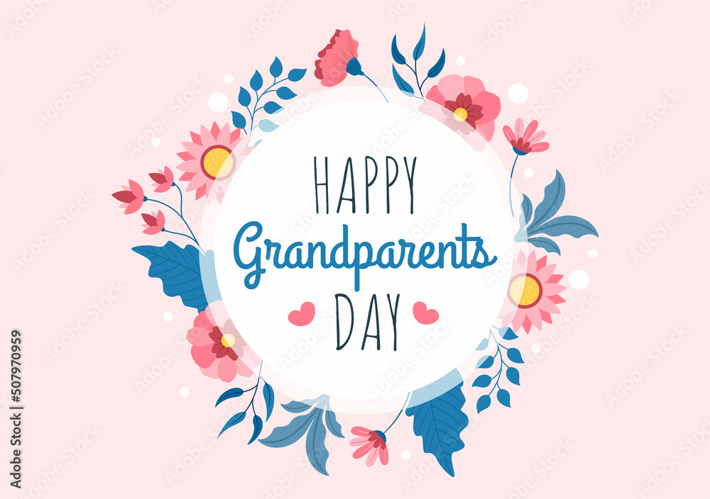 Obraz premium Happy Grandparents Day Cute Cartoon Illustration with Flower Decoration and Calligraphy in Flat Style for Poster or Greeting Card Background