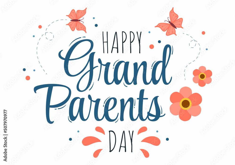Happy Grandparents Day Cute Cartoon Illustration with Flower Decoration and Calligraphy in Flat Style for Poster or Greeting Card Background