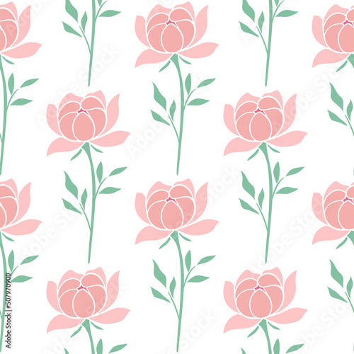 Delicate pink peonies seamless summer pattern. Background blossomed petals lush garden flower. Print natural botanical bloom decoration. Template for wallpaper  fabric and design vector