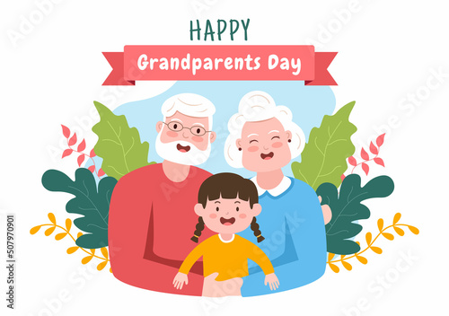 Happy Grandparents Day Cute Cartoon Illustration with Grandchild, Older Couple, Flower Decoration, Grandpa and Grandma in Flat Style for Poster