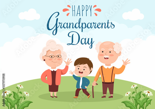 Happy Grandparents Day Cute Cartoon Illustration with Grandchild, Older Couple, Flower Decoration, Grandpa and Grandma in Flat Style for Poster