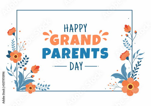 Happy Grandparents Day Cute Cartoon Illustration with Flower Decoration and Calligraphy in Flat Style for Poster or Greeting Card Background