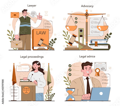 Lawyer concept set. Law advisor or consultant, advocate defending