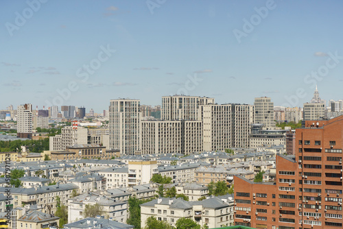 Cityscape of Moscow with modern and old architecture. Chaotic urban development.