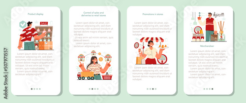 Store merchandiser mobile application banner set. Shop and showcase