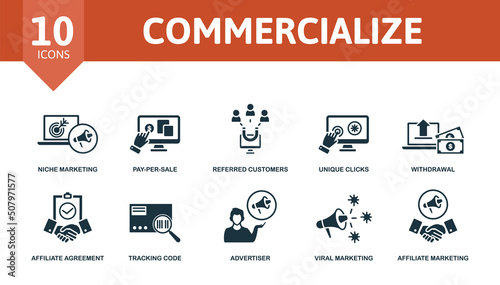 Commercialize set icon. Editable icons commercialize theme such as niche marketing, referred customers, withdrawal and more.