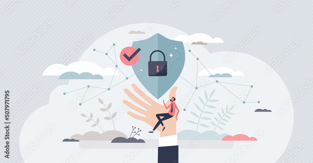 Cyber insurance with online internet danger protection tiny person concept. Locked key and shield as security for personal data and information leaking vector illustration. Encrypted chat connection. Cyber insurance with online internet danger protection tiny person concept. Locked key and shield as security for personal data and information leaking vector illustration. Encrypted chat connection.