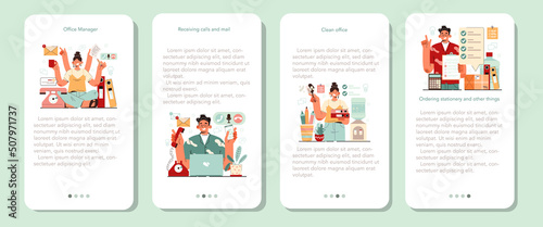 Office manager mobile application banner set. Coworking space