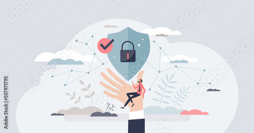 Cyber insurance with online internet danger protection tiny person concept. Locked key and shield as security for personal data and information leaking vector illustration. Encrypted chat connection.