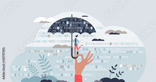Cyber insurance with online internet protection tool tiny person concept. Security software for fraud and phishing threats vector illustration. Privacy control and virtual data or information safety.