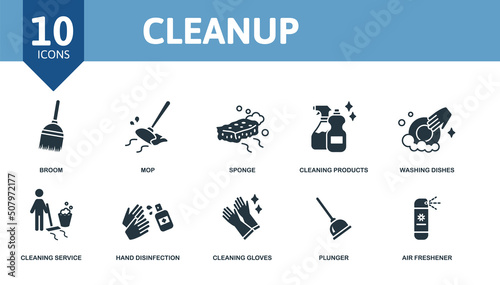 Cleanup set icon. Editable icons cleanup theme such as broom, sponge, washing dishes and more. photo