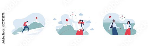 Travel and nature tourism concept collection. Vector flat illustration set. Male and female tourist with backpack on hiking climbing trip. Mountain with route and pin destination symbol.
