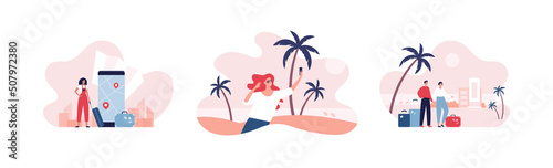 Travel concept collection. Vector flat illustration set. Group of male and female tourist with baggage on island holiday trip. Summer seaside beach, hotel building, smartphone with city map symbol