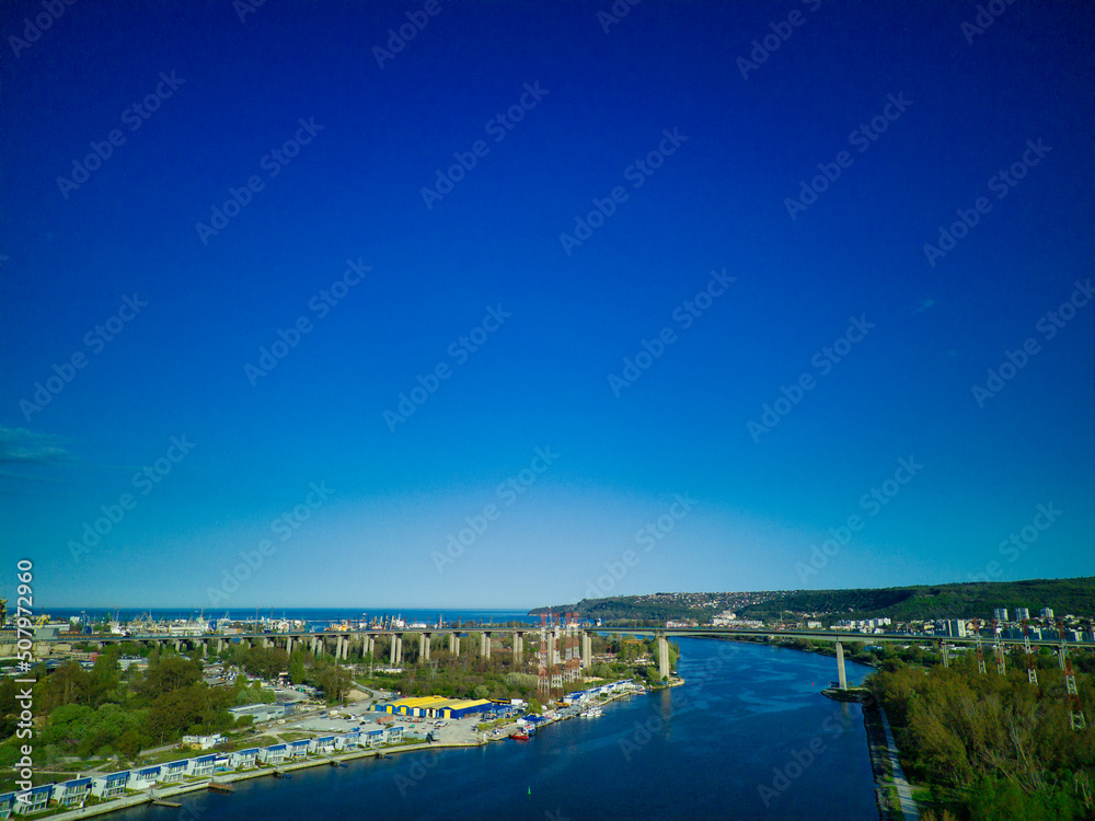 View from a height of the city of Sozopol with houses and boats near the Black Sea