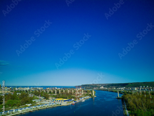 View from a height of the city of Sozopol with houses and boats near the Black Sea © YouraPechkin