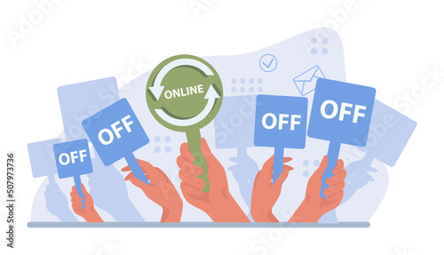 Online communication concept. Characters with smart digital technologies.