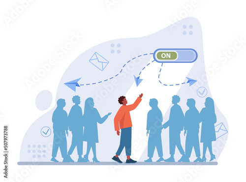 Online communication concept. Characters with smart digital technologies.