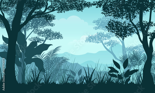 Beautiful Horizontal tropical rain forest Jungle cartoon Landscape