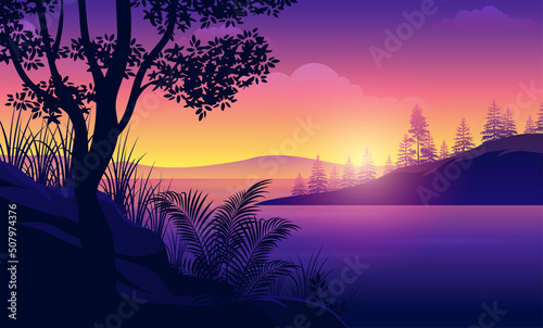 Landscape with silhouettes of mountains, trees and Sunrise or sunset lens flares sky 
