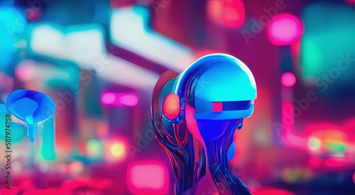 Photo A cyborg with a glowing face-screen looks directly into the background of a blurred cyberpunk urban landscape