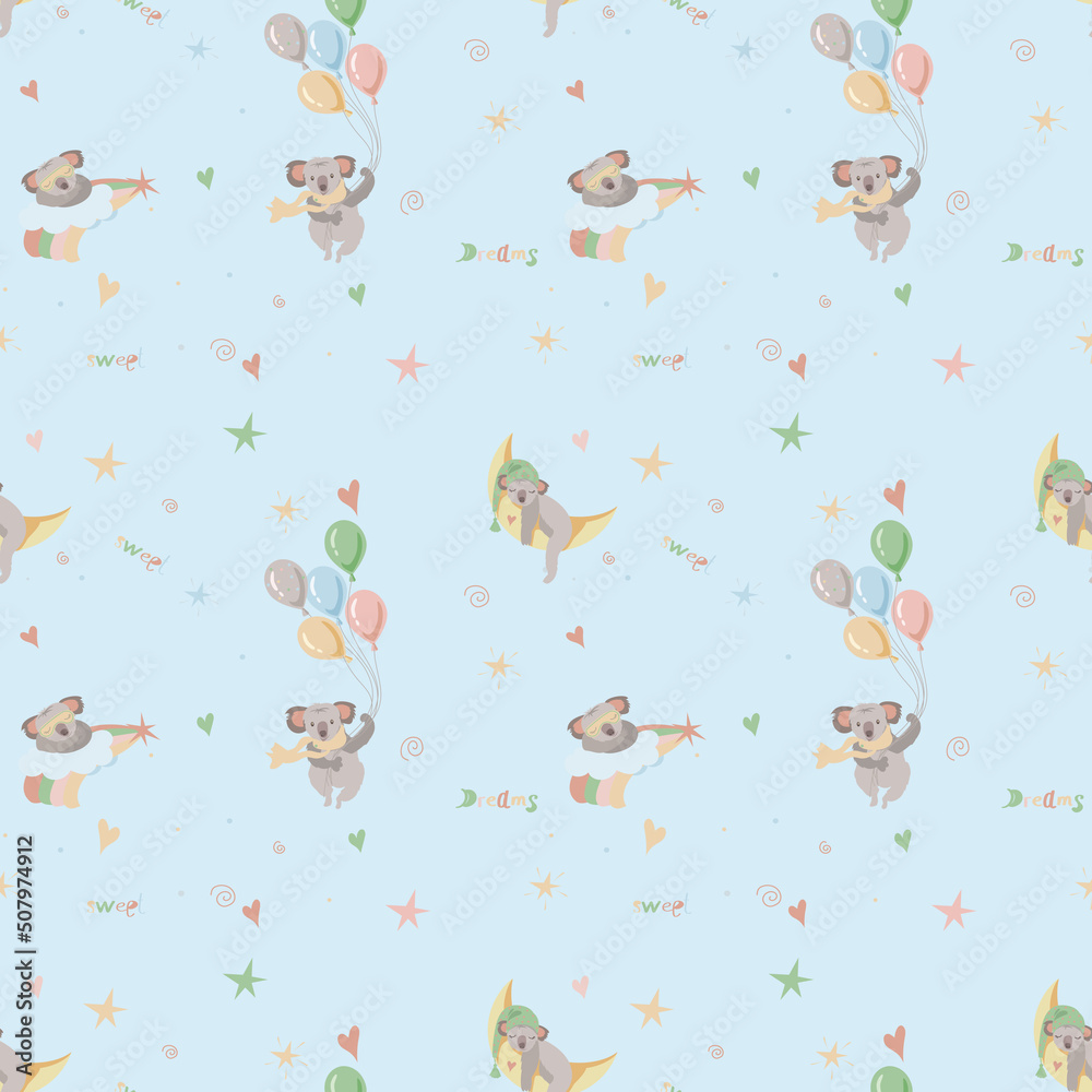 Seamless Children's pattern different koalas on a blue background. Print for children's clothing, textiles, etc. Seamless Children's pattern different koalas on a blue background. Print for children's clothing, textiles, etc.