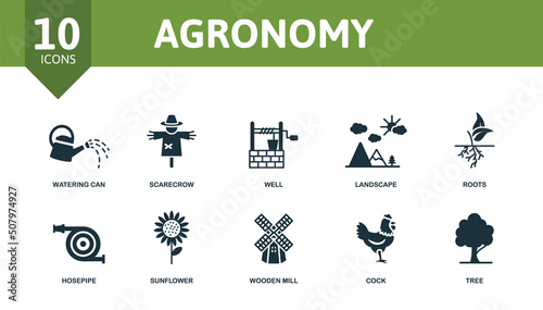 Agronomy set icon. Editable icons agronomy theme such as watering can, well, roots and more.