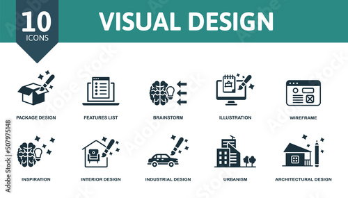 Visual Design set icon. Editable icons visual design theme such as package design, brainstorm, wireframe and more.