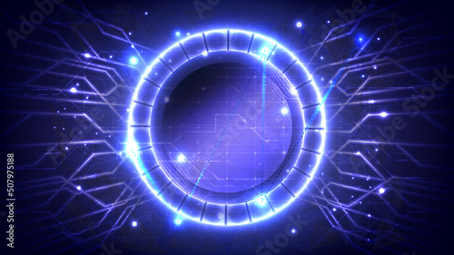 Circle teleport podium. Portal science futuristic stage. Teleportation in HUD projector. Magic gate in game fantasy. GUI and UI virtual reality 3D circular. Portal to another universe