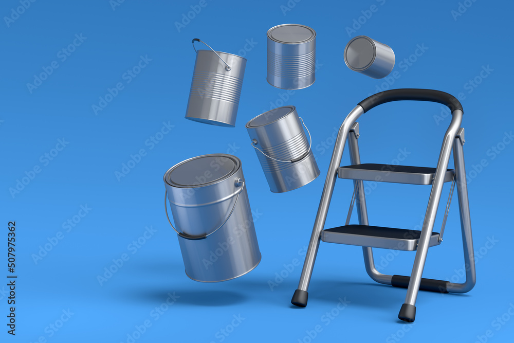 Set of metal cans or buckets of paint with folding ladder on blue background. Set of metal cans or buckets of paint with folding ladder on blue background.