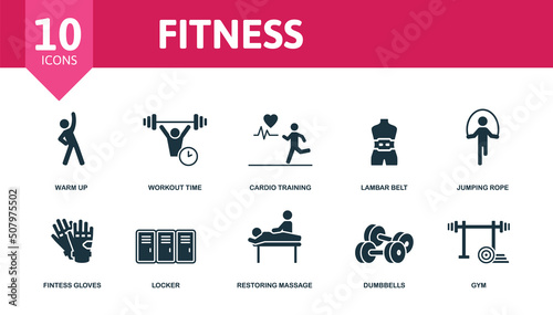 Fitness set icon. Editable icons fitness theme such as warm up, cardio training, jumping rope and more.