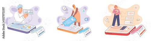 Online medical consultation and support metaphor. Online doctor. Healthcare services, Ask doctor. Tele medicine e-health service. Therapist videocalling phone screen. Diagnosis treatment of patients