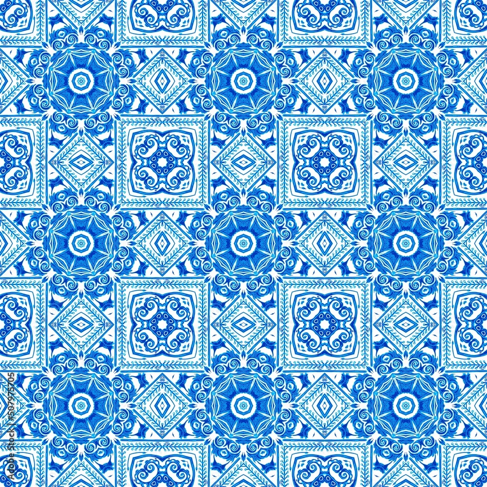 Obraz premium Blue white watercolor azulejos tile background. Seamless coastal geometric floral mosaic effect. Ornamental arabesque all over summer fashion damask repeat
