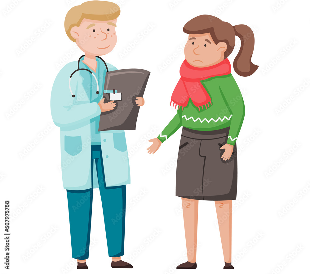 Health care, medical examination, patient at doctors appointment. Woman with sore throat in therapists office. Male doctor examines sick person in hospital, treats illness person with pathologies
