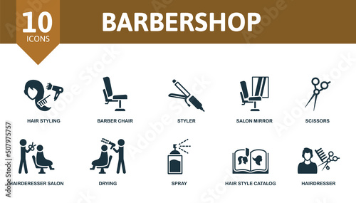 Barbershop set icon. Editable icons barbershop theme such as hair styling, styler, scissors and more.