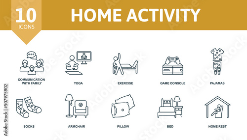 Home Activity set icon. Editable icons home activity theme such as communication with family, exercise, pajamas and more.