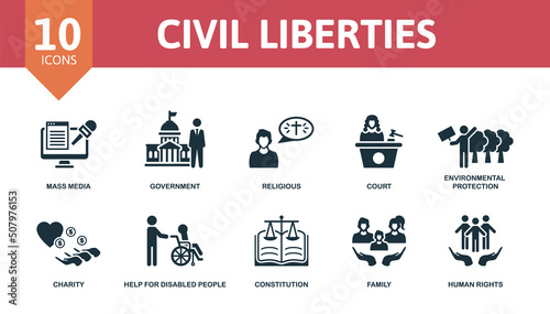 Civil Liberties set icon. Editable icons civil liberties theme such as mass media, religious, environmental protection and more.