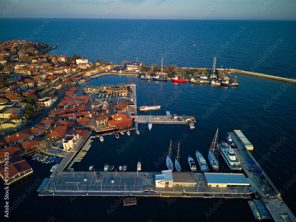 iew from a height of the city of Nessebar with houses and parks washed by the Black Sea in Bulgaria