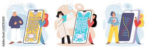 Online medical consultation and support metaphor. Online doctor. Healthcare services, Ask doctor. Tele medicine e-health service. Therapist videocalling phone screen. Diagnosis treatment of patients